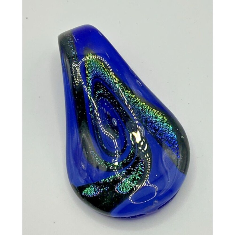 Handmade Art Glass Pendant Necklace Cobalt Blue Metallic Swirl Silver Reversible